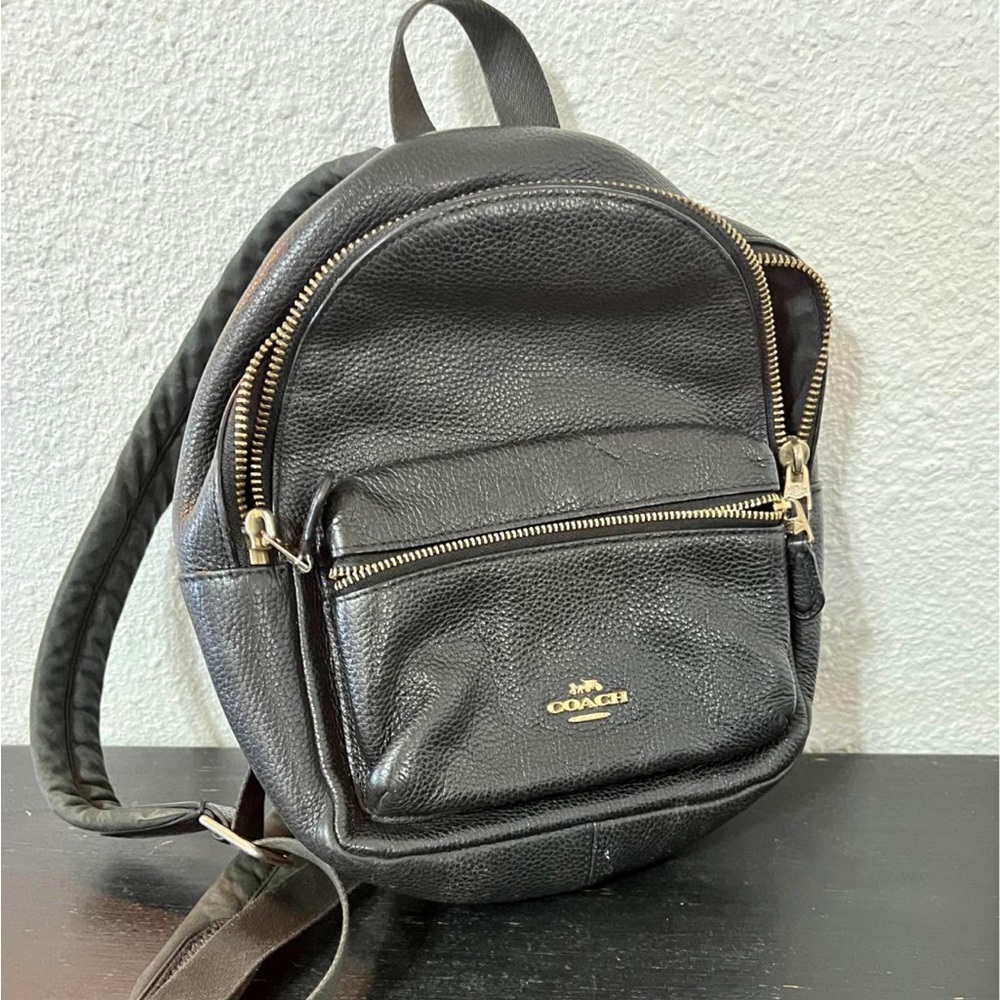 Coach Black Leather Backpack with Gold Accents